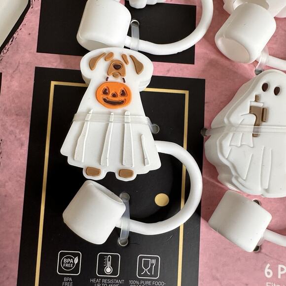 SWC 6 Piece Straw Toppers Ghosts Dogs White Halloween New - Picture 5 of 6